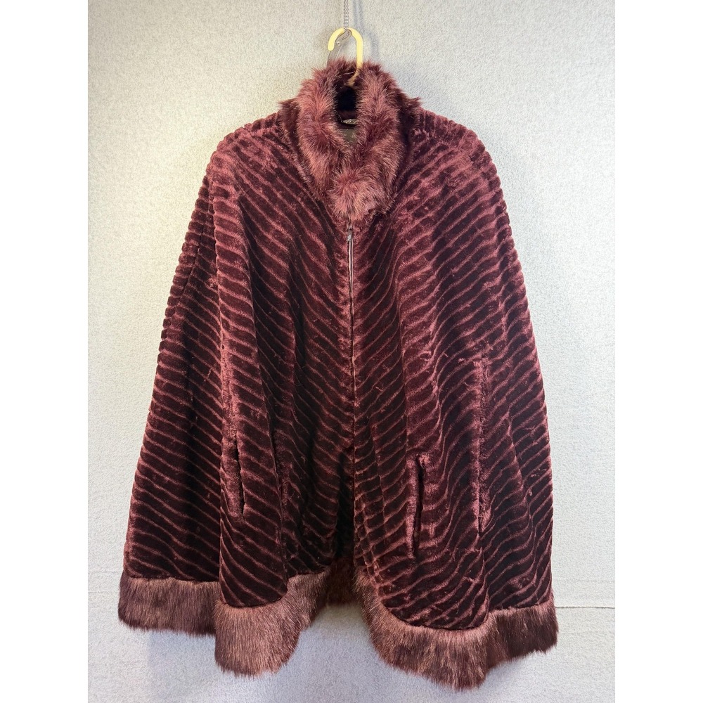 Dennis Basso Cape Womens Plus Red Faux Fur Velvet Zip Trim Winter Coat Platinum